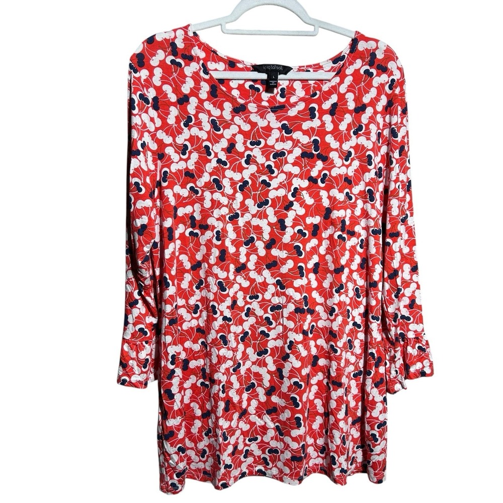 Long Tall Sally Long Sleeve Flared Smock Tunic/ Top Dress Top Size L cherries